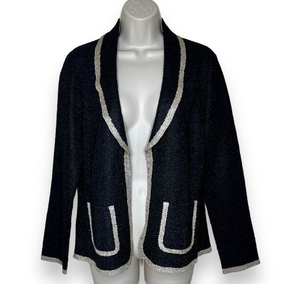 Travelers Collection Chicos Textured Crinkle Open Front Black Tan Jacket Women S - Picture 1 of 13